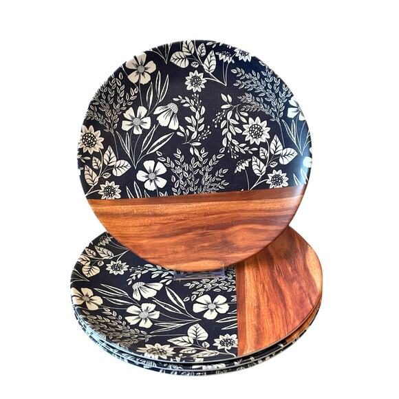 Rachel Ashwell Wood Grain Blue Floral Melamine Dinner Plates 11" Set of 4 New - Picture 2 of 11